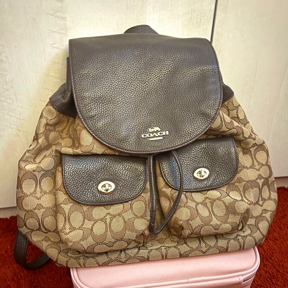 Brown canvas monogram COACH backpack